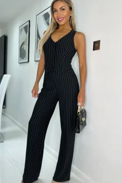 Pinstripe Waistcoat Detail Wide Leg Jumpsuit
