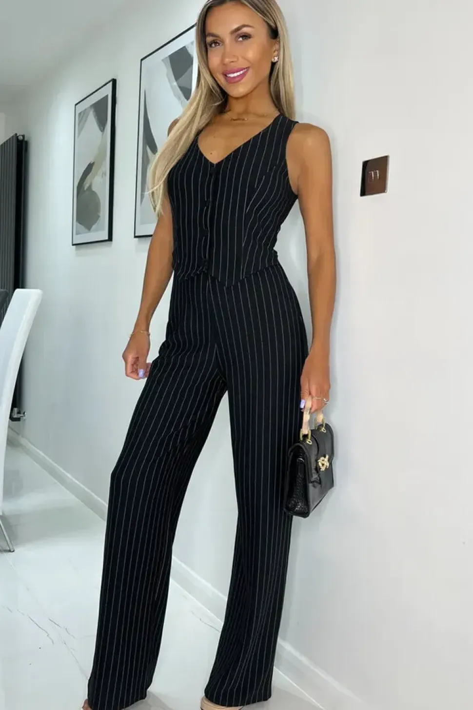 Pinstripe Waistcoat Detail Wide Leg Jumpsuit
