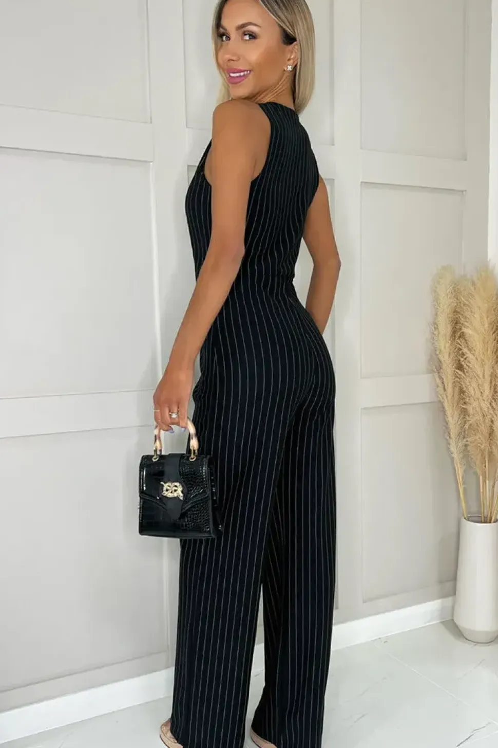 Pinstripe Waistcoat Detail Wide Leg Jumpsuit