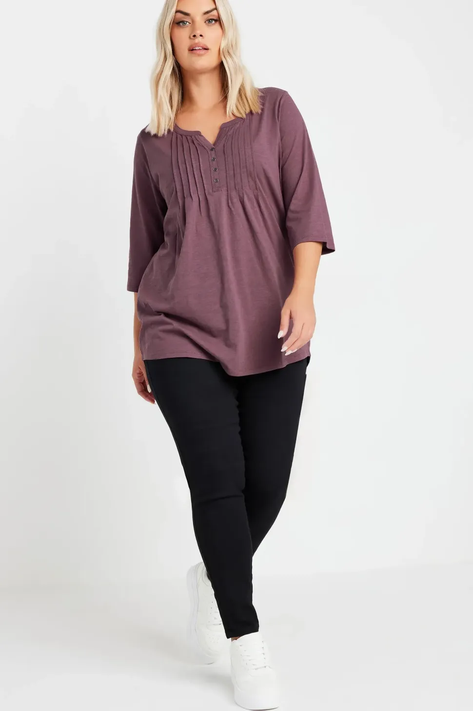 Pintuck Henley 3/4 Sleeve T-Shirt