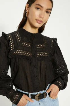 Pintuck Ruffle Yoke Button Through Blouse