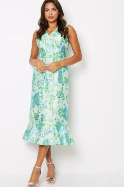 Piped Jacquard V Neck Midi Dress