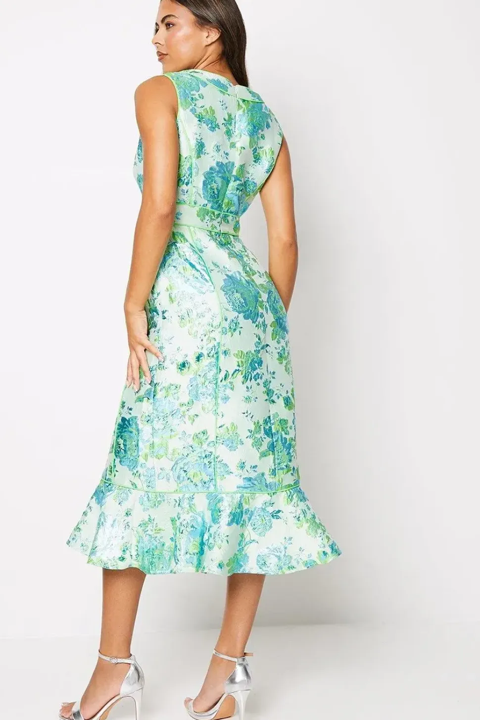 Piped Jacquard V Neck Midi Dress