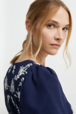Placement Embroidery Puff Sleeve Bridesmaids Maxi Dress