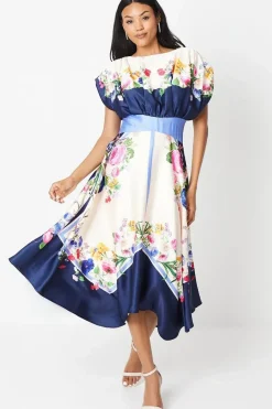 Placement Print Drape Neck Handkerchief Hem Midi Dress