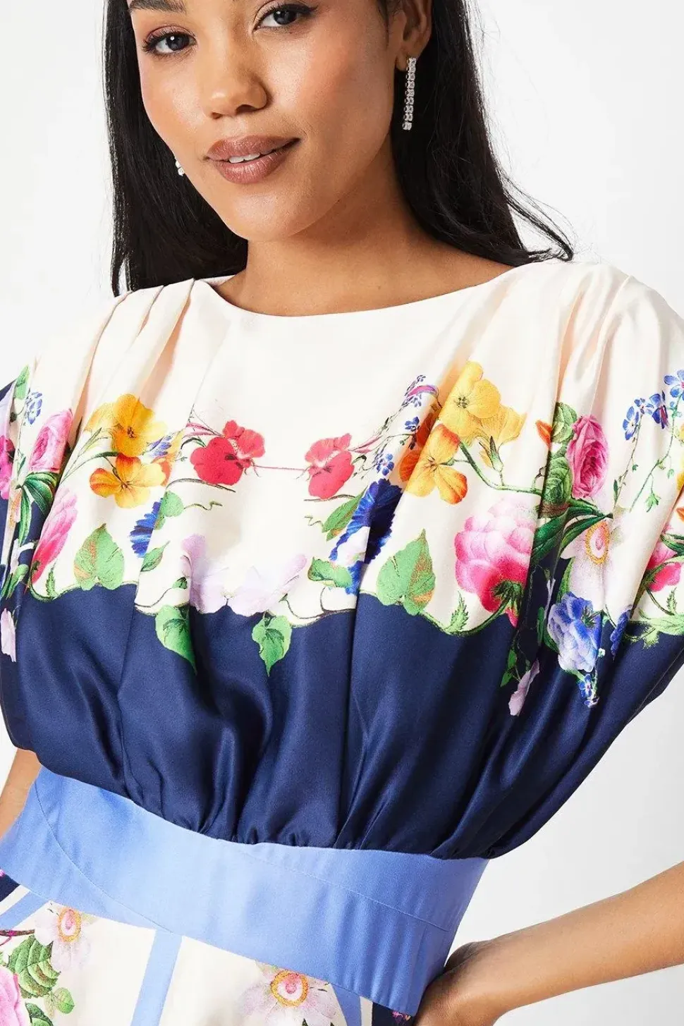 Placement Print Drape Neck Handkerchief Hem Midi Dress