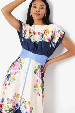 Placement Print Drape Neck Handkerchief Hem Midi Dress