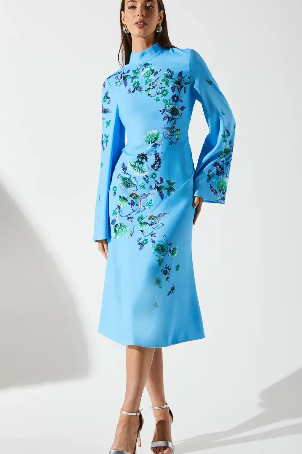 Placement Print Flare Sleeve High Neck Dress