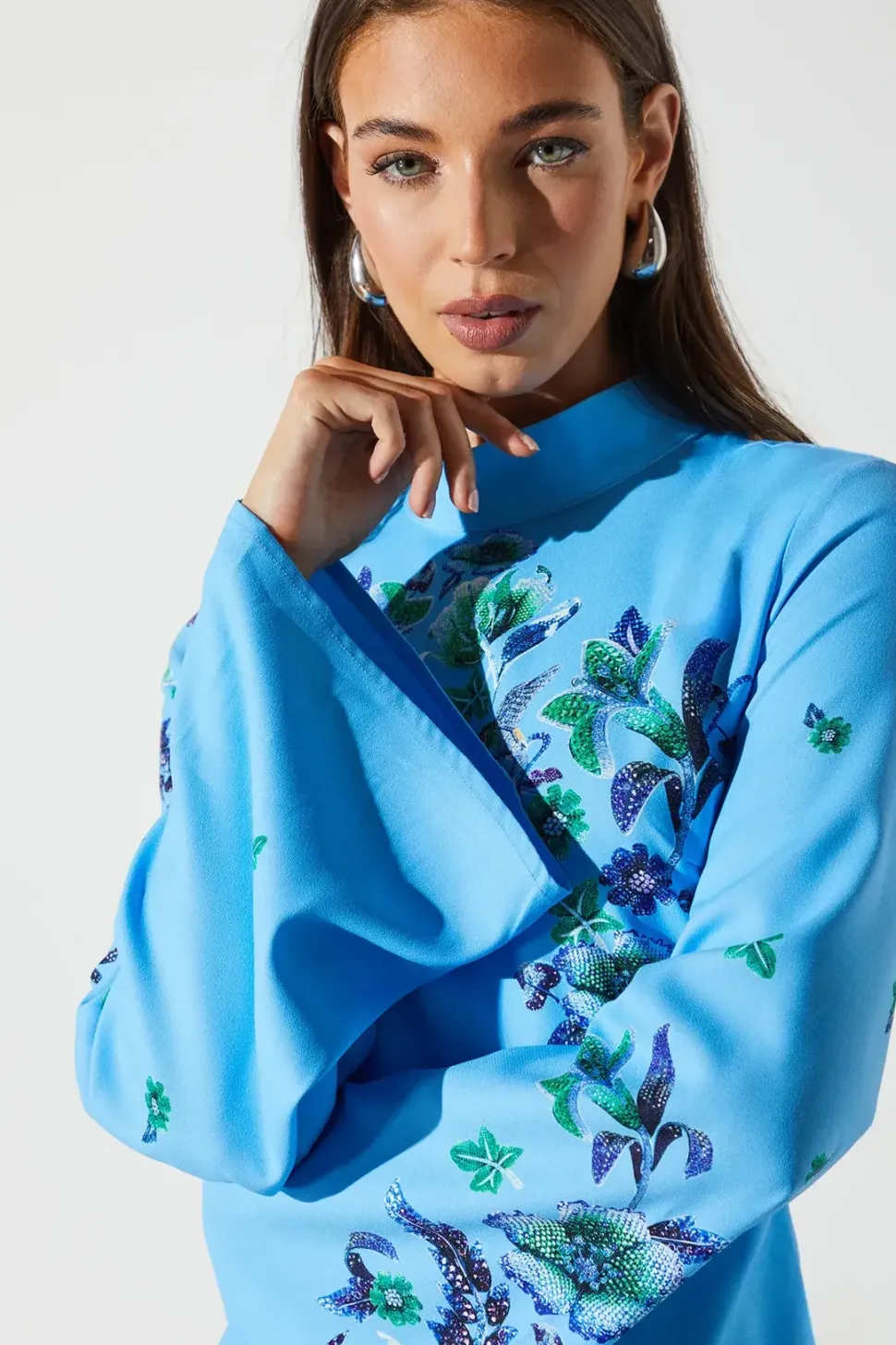 Placement Print Flare Sleeve High Neck Dress