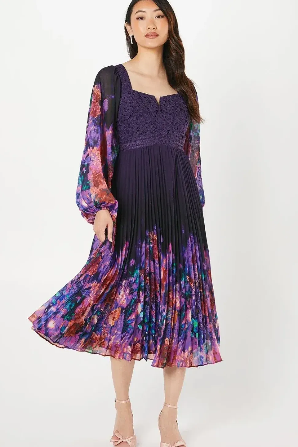 Placement Print Lace Bodice Pleated Skirt Midi Dress