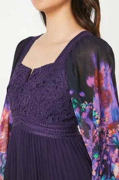 Placement Print Lace Bodice Pleated Skirt Midi Dress