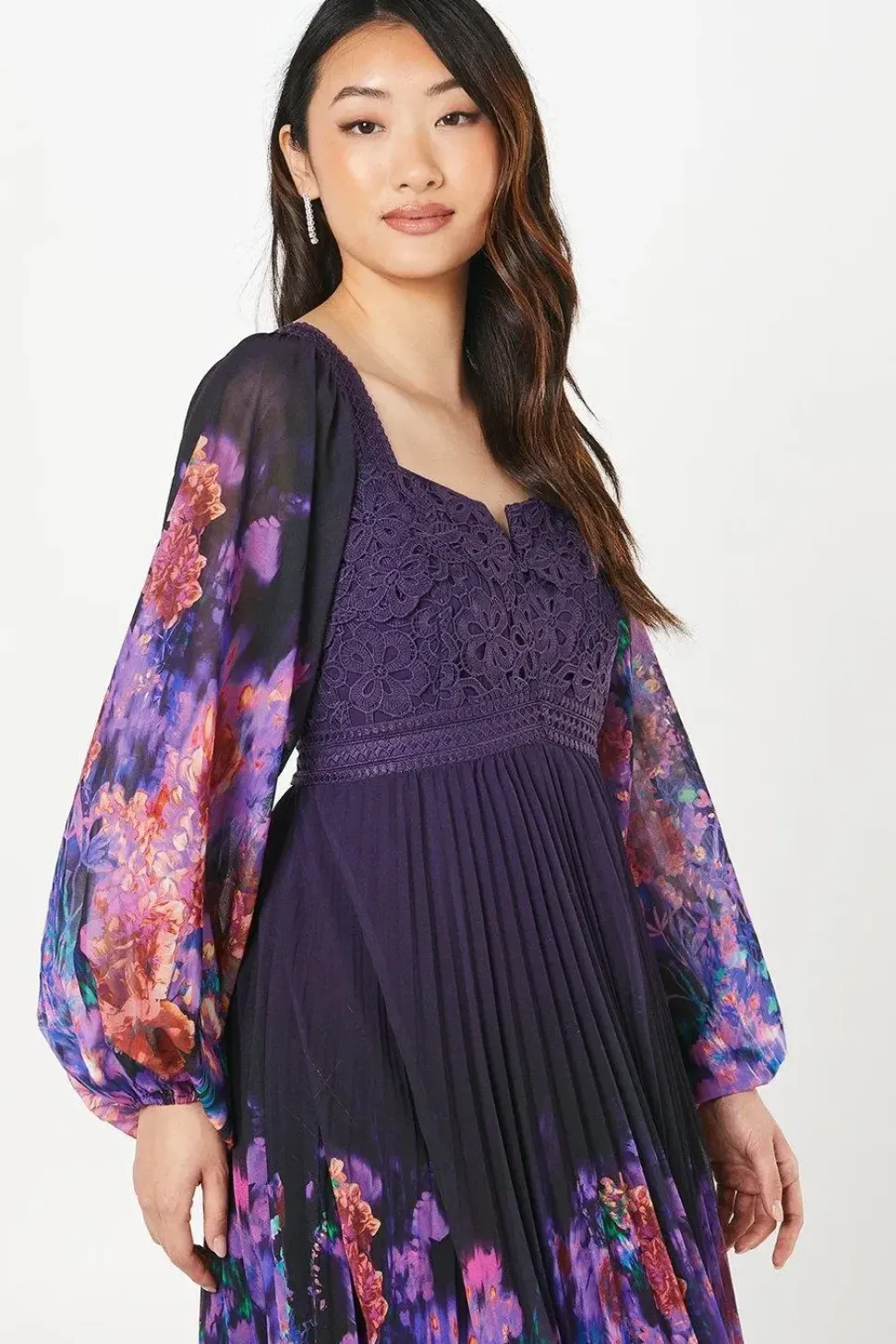 Placement Print Lace Bodice Pleated Skirt Midi Dress