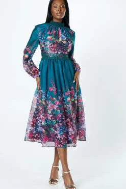 Placement Print Lace Trim Midi Wedding Guest Dress