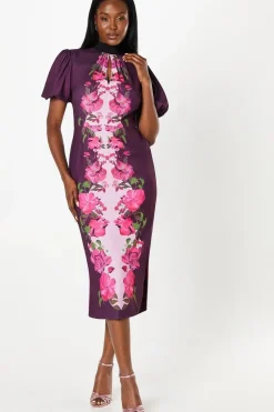 Placement Print Puff Sleeve Midi Dress