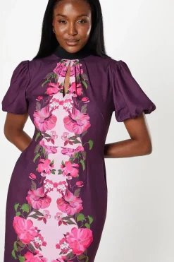 Placement Print Puff Sleeve Midi Dress