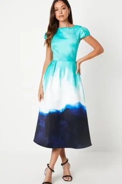 Placement Print Puff Sleeve Satin Midi Wedding Guest Dress
