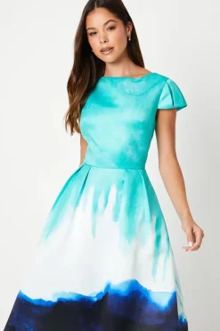 Placement Print Puff Sleeve Satin Midi Wedding Guest Dress