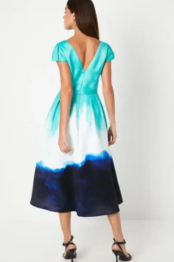 Placement Print Puff Sleeve Satin Midi Wedding Guest Dress