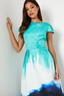Placement Print Puff Sleeve Satin Midi Wedding Guest Dress