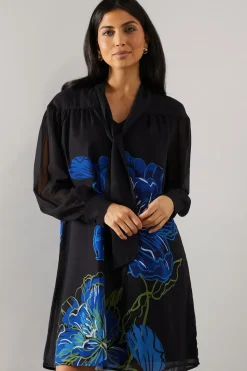 Placement Print Tie Neck Shift Mini Dress