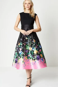 Placement Print Twill Midi Dress With Ponte Top