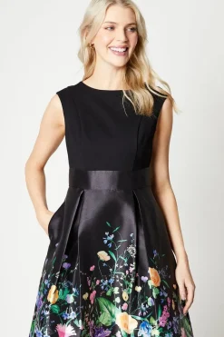 Placement Print Twill Midi Dress With Ponte Top