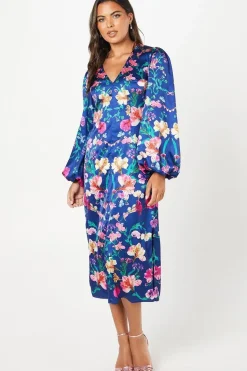 Placement Print Volume Sleeve Midi Wedding Guest Dress