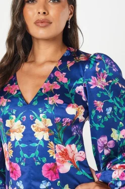 Placement Print Volume Sleeve Midi Wedding Guest Dress