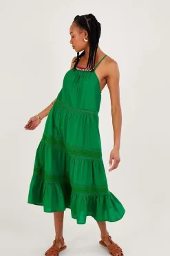 Plain Broderie Lace Trim Midi Dress