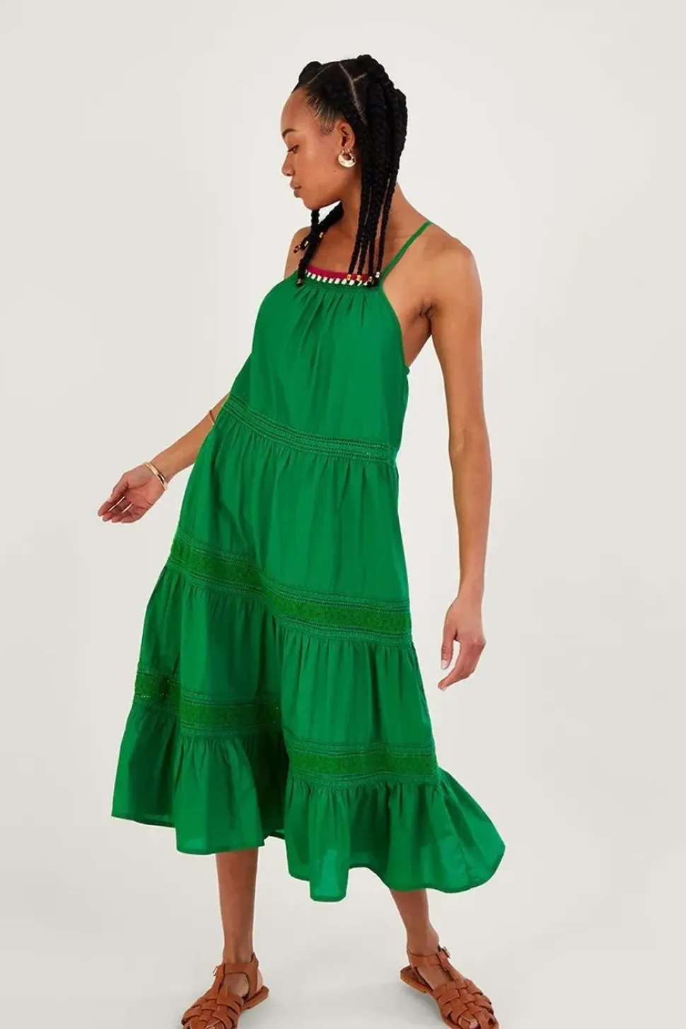 Plain Broderie Lace Trim Midi Dress
