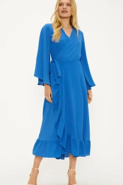 Plain Flute Sleeve Ruffle Wrap Dress