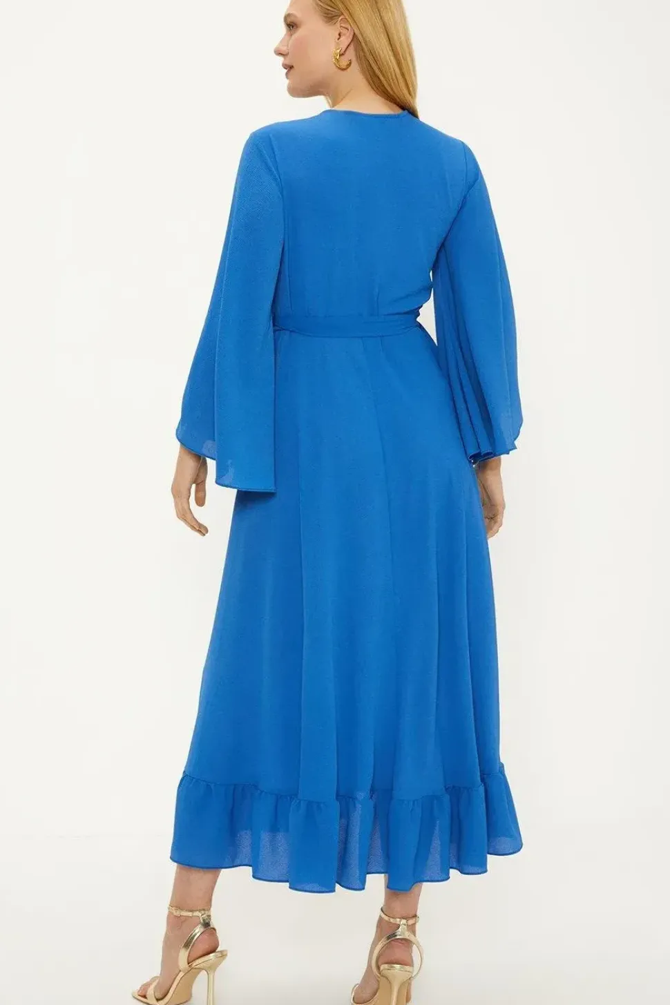 Plain Flute Sleeve Ruffle Wrap Dress