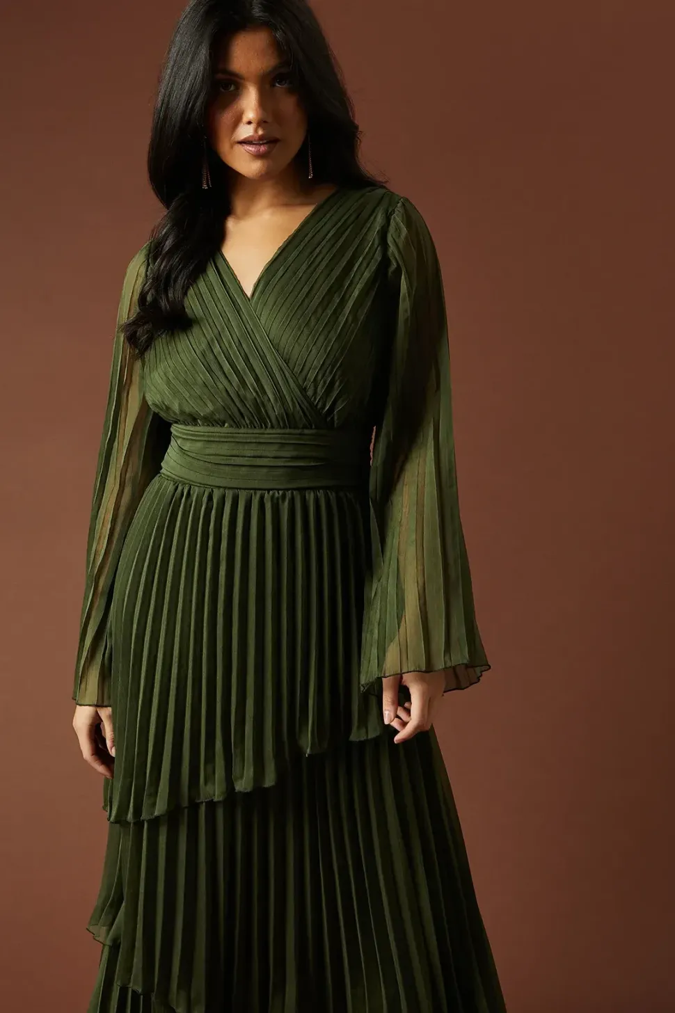 Plain Pleated Asymmetric Tiered Maxi Dress