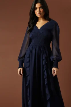 Plain Ruffle Detail Shirred Waist Midaxi Dress