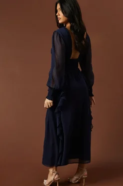 Plain Ruffle Detail Shirred Waist Midaxi Dress