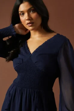 Plain Ruffle Detail Shirred Waist Midaxi Dress