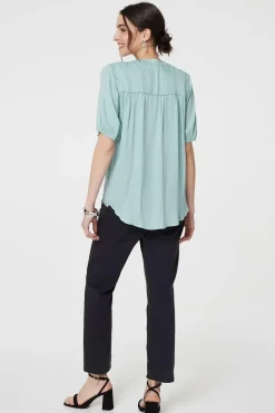 Plain V-Neck Puff 1/2 Sleeve Shirt