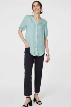 Plain V-Neck Puff 1/2 Sleeve Shirt
