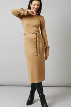 Plaited Ribbed Belted Midi Dress
