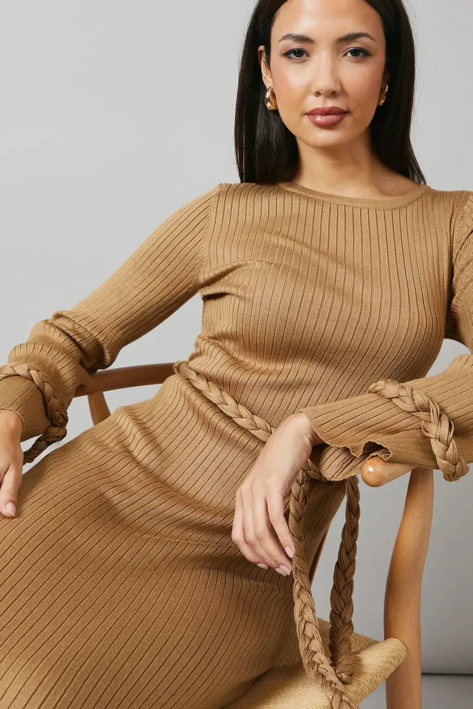 Plaited Ribbed Belted Midi Dress