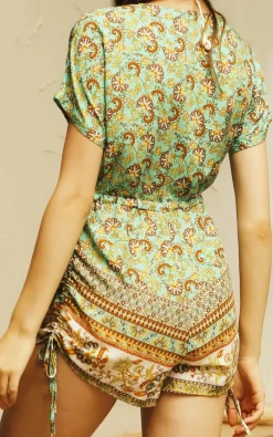 Playsuit With Drawstring Detail In Mint and Yellow Mixed Print