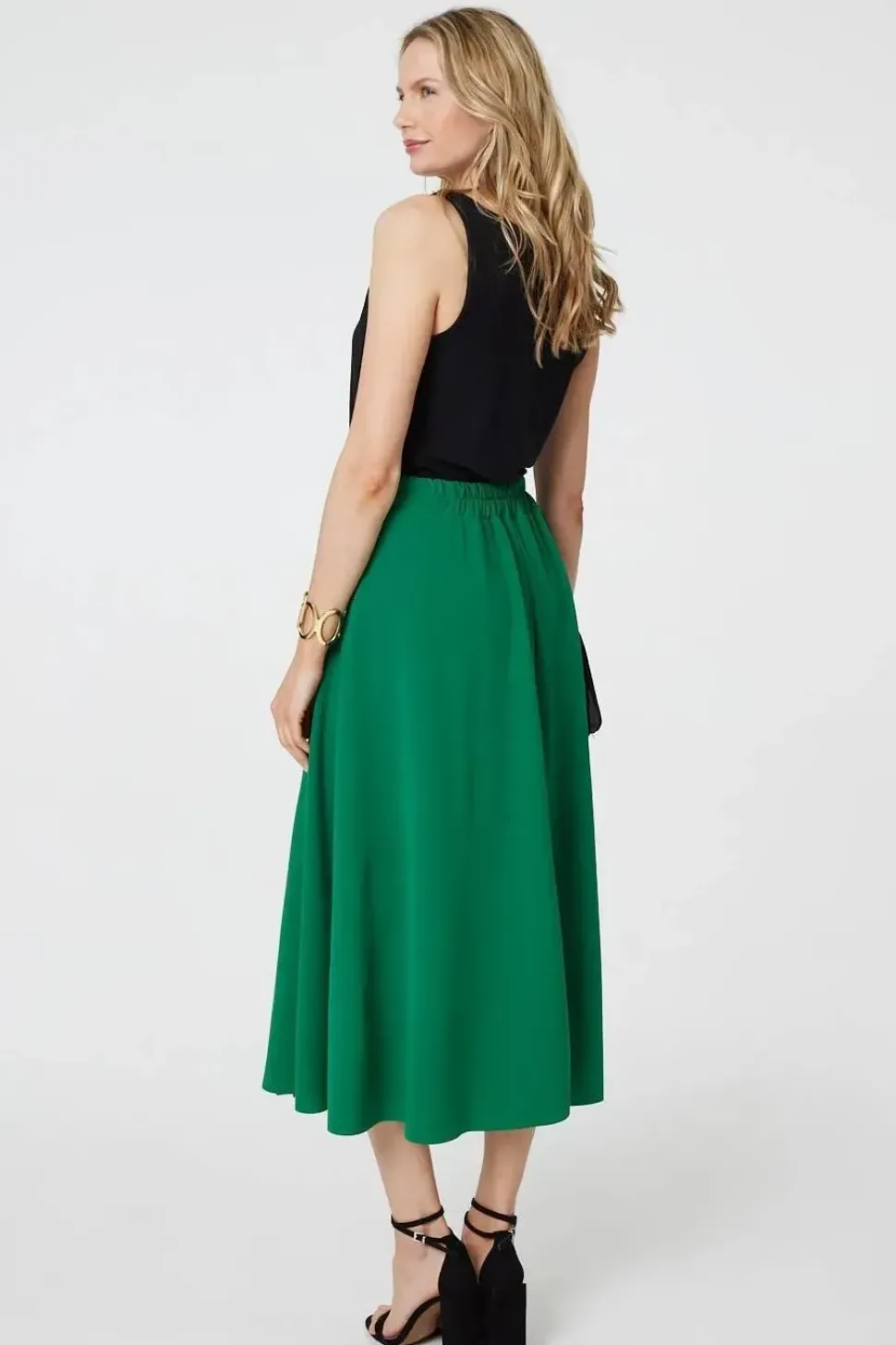 Pleat Detail High Waist A-Line Midi Skirt