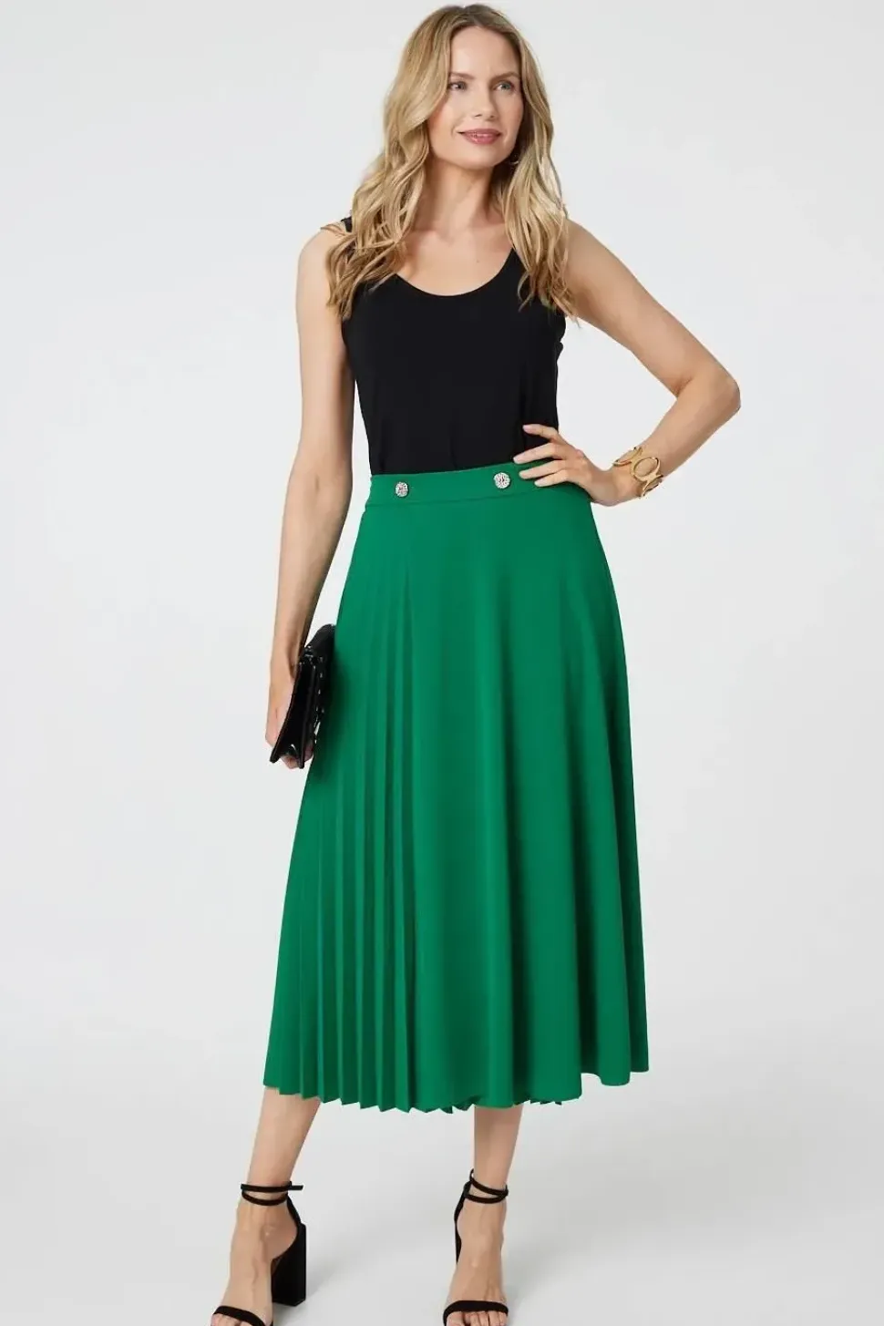 Pleat Detail High Waist A-Line Midi Skirt
