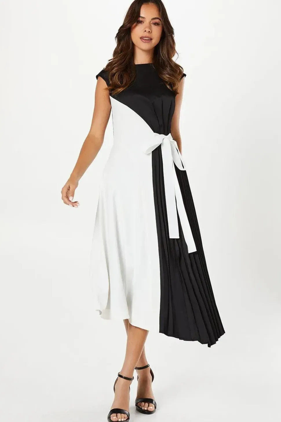 Pleated And Panelled Contrast Tie Satin Midi Wedding Guest Dress
