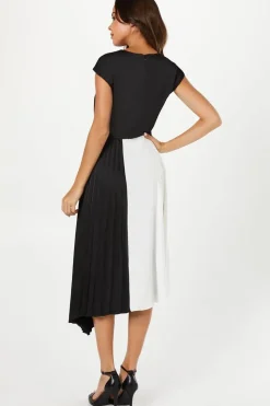 Pleated And Panelled Contrast Tie Satin Midi Wedding Guest Dress