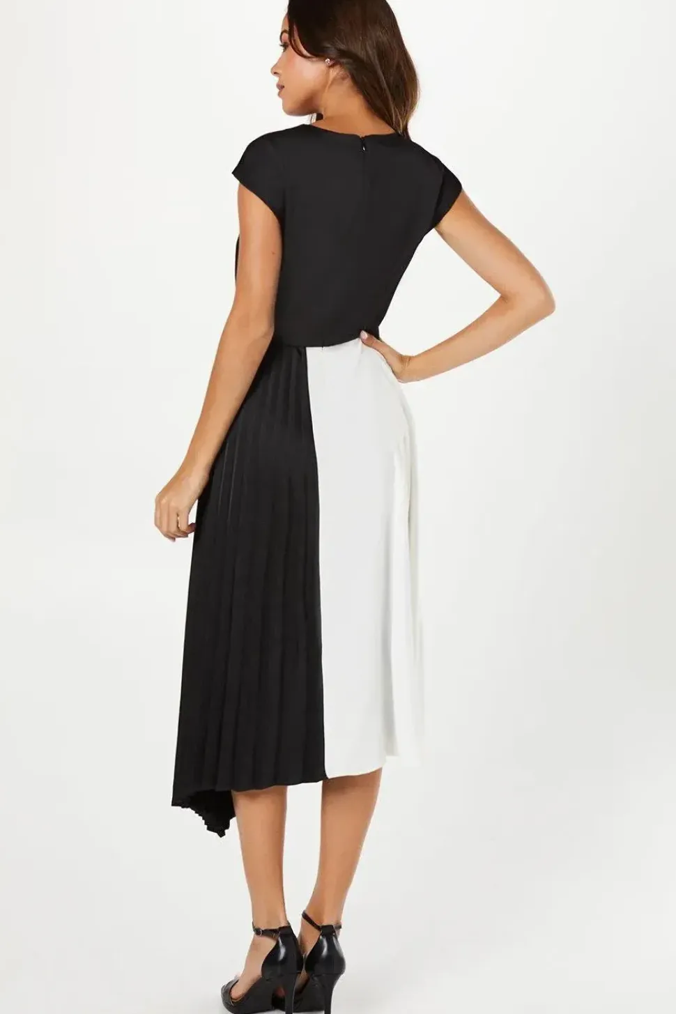 Pleated And Panelled Contrast Tie Satin Midi Wedding Guest Dress