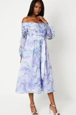 Pleated Bodice Bardot Long Sleeve Midi Dress