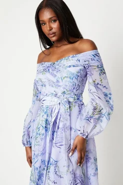 Pleated Bodice Bardot Long Sleeve Midi Dress
