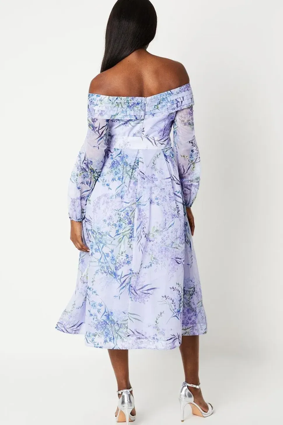 Pleated Bodice Bardot Long Sleeve Midi Dress