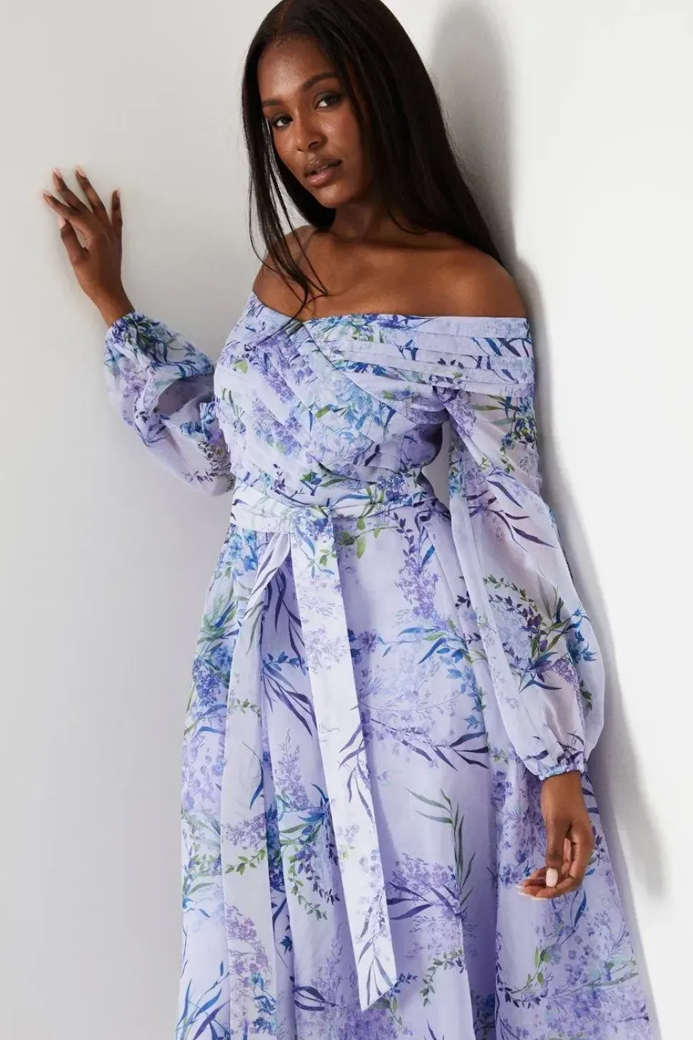 Pleated Bodice Bardot Long Sleeve Midi Dress